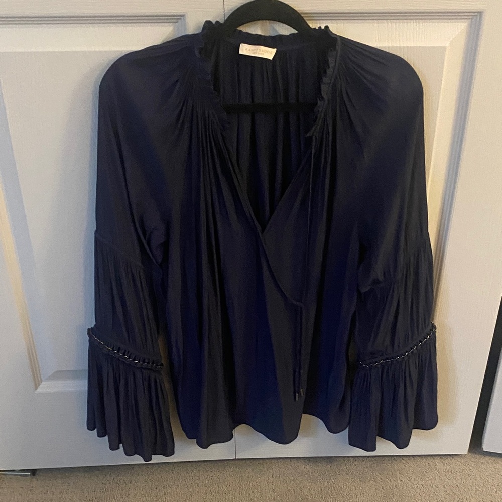 Ramy Brook Navy Blouse with Pleated Sleeves